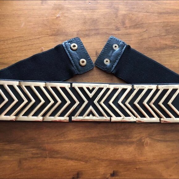 Vintage 90s Stretch Belt Metal X Metallic Gold & Black Leather Elastic XS-S - Picture 4 of 7